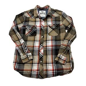 Roebuck & Co Shirt Mens L Brown Plaid Pearl‎ Snap Western Flannel Long Sleeve